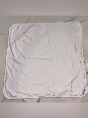 The Beaufort Bonnet Company White Baby Blanket with Pink Trim and Smock Pattern